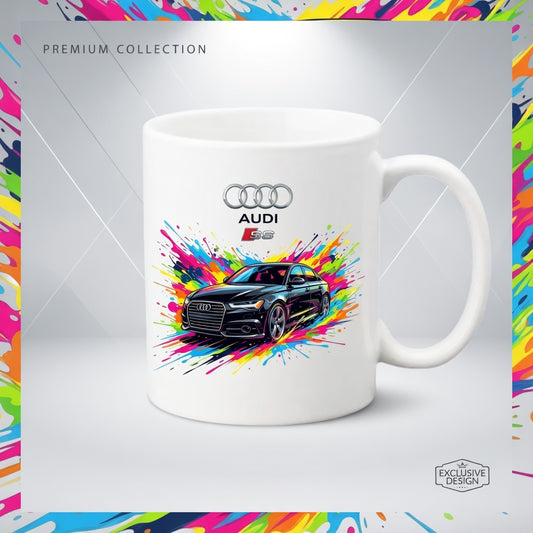 Cană din ceramică personalizată, Imprimeu Auto Audi S-Line Splash Colors, Albă, 330 ml - Cadou ideal pentru pasionații auto