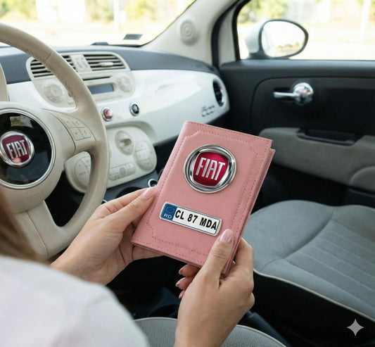 Portofel Documente Auto Personalizat, Roz, Emblemă Fiat și Număr de Înmatriculare - Tete Print