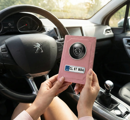Portofel Acte Auto Personalizat Peugeot, Roz, cu Număr de Înmatriculare - Tete Print