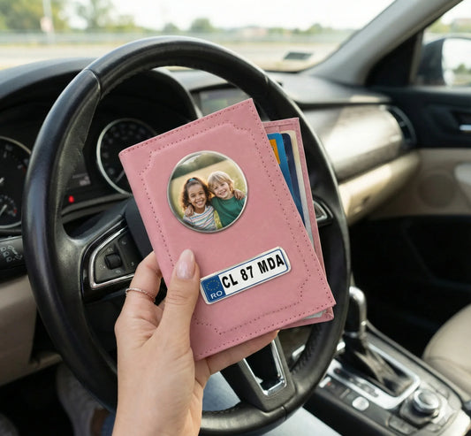 Portofel Documente Auto Personalizat – Roz – cu Fotografie și Număr de Înmatriculare - Tete Print