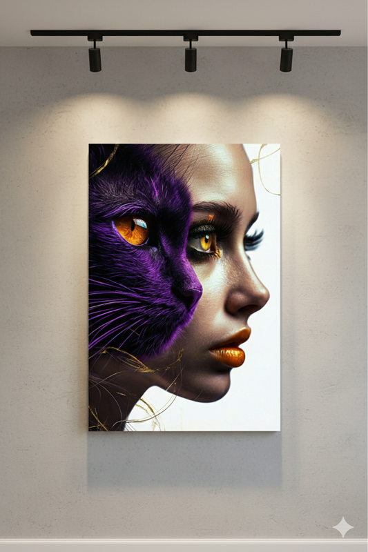 Tablou Canvas Modern - Dualitate Feminină și Felină, Mov Imperial