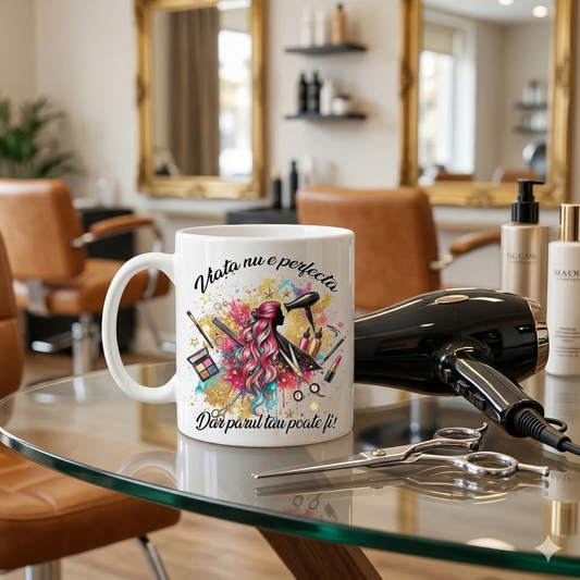 Cană Coafură cu Mesaj Inspirațional 'Părul Tău poate fi!', Ceramică Premium 330ml, Cadou Stylist, Grafică Salon