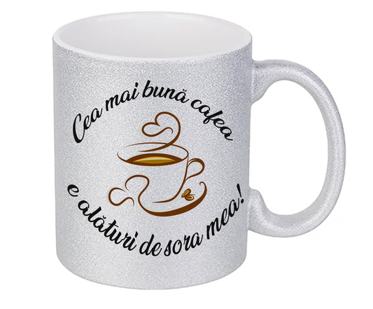 Cană Aurie cu Sclipici Personalizată - Cadou "Cea Mai Bună Cafea e Alături de Sora Mea" - Mov, Auriu, Argintiu - Tete Print
