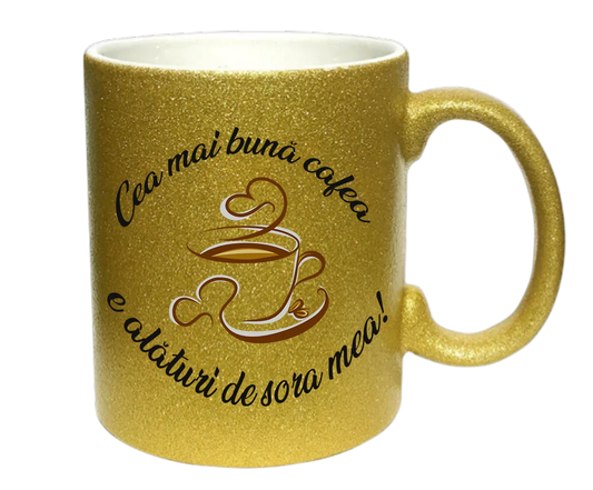 Cană cu Argintie Sclipici Personalizată - Cadou "Cea Mai Bună Cafea e Alături de Sora Mea" - Mov, Auriu, Argintiu - Tete Print