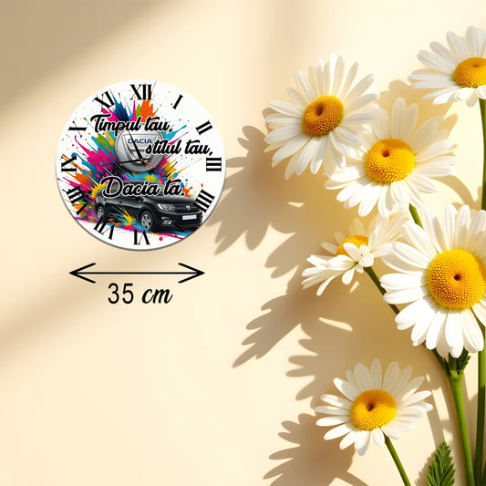 Ceas Personalizat de Perete Decorativ Dacia Logan, Design Multicolor "Splash", Diametru 35 cm, Mecanism Silențios, Grosime 6 mm, Cutie Cadou Inclusă