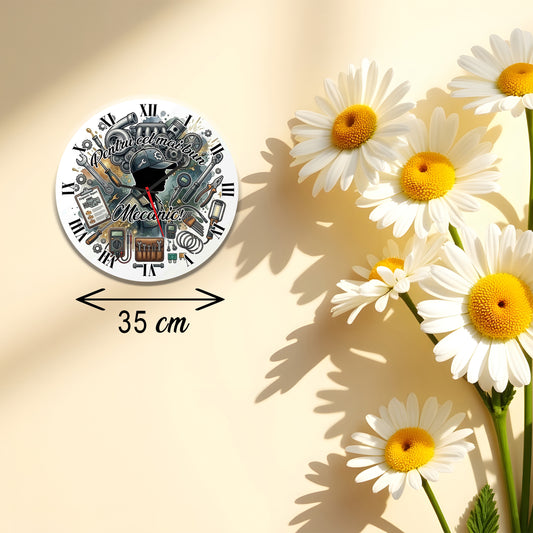 Ceas de perete decorativ "Pentru cel mai bun Mecanic", print tematic auto, Material MDF, 35 cm, Multicolor