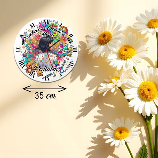 Ceas de perete decorativ "Pentru cel mai bun Medic Pediatru", Cadou Doctor / Cabinet Medical, Design Tematic Multicolor
