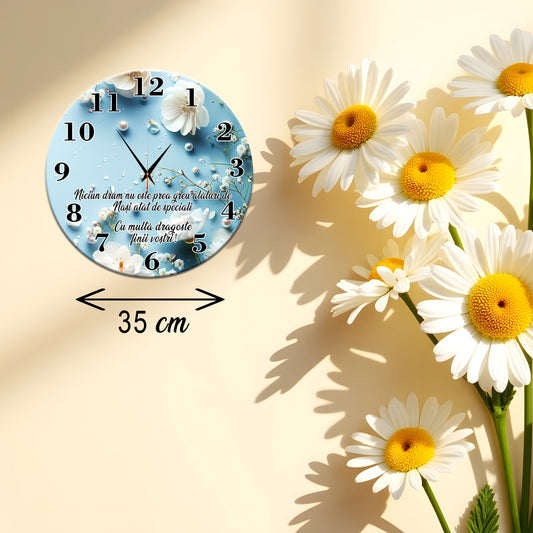 Ceas de Perete Personalizat pentru Nași - Design Floral Albastru cu Mesaj Emoționant