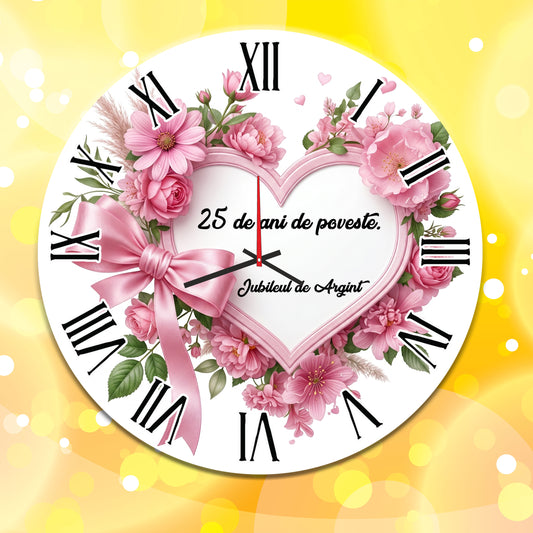 Ceas de Perete Personalizat Jubileul de Argint - 25 de ani de poveste, Diametru 35 cm, Mecanism Silentios