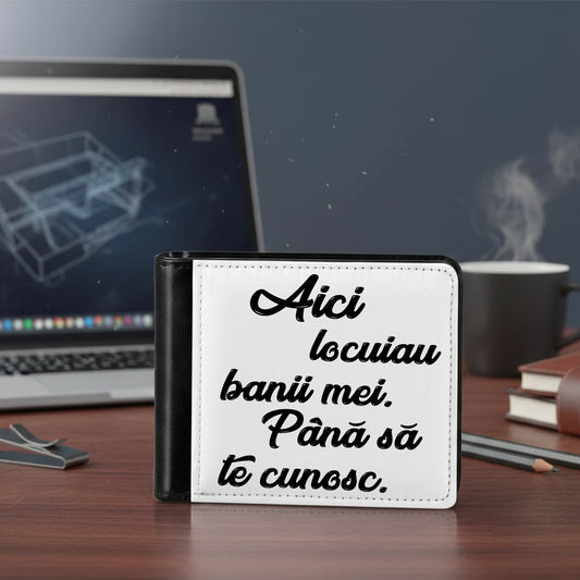 Portofel Personalizat Bărbați, Model "Aici Locuiau Banii Mei", Compartiment Carduri și Buletin, Piele Ecologică, Negru/Alb