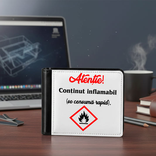Portofel Bărbați Personalizat, Model "Conținut Inflamabil", Piele Ecologică, Compartiment Carduri și Buletin, Negru/Alb