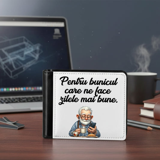 Portofel Bărbați Personalizat cu Fotografie sau Text, Model Bifold, Negru/Alb, 10 x 9.5 cm