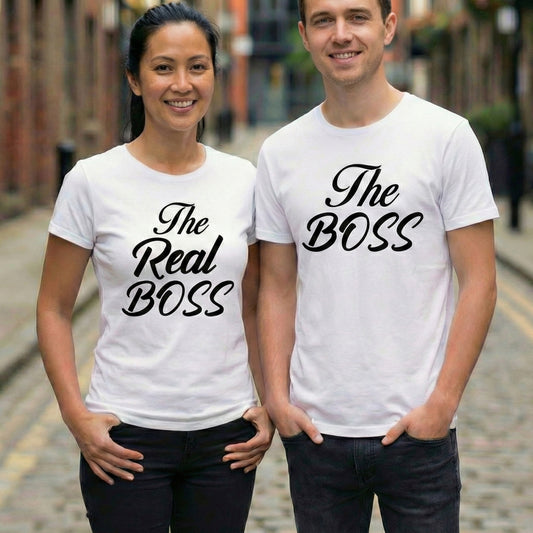 Tricouri Cuplu negre "The Boss & The Real Boss" – Bumbac 100%, Negru