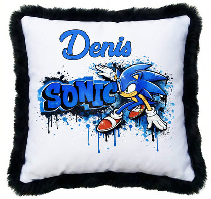 Pernă Decorativă Personalizabilă pentru Copii, Model Sonic The Hedgehog, Margini Pufoase, 40x40 cm