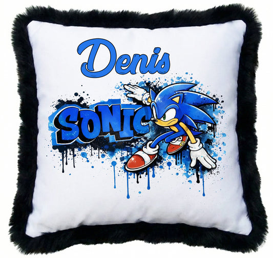 Pernă Decorativă Personalizabilă pentru Copii, Model Sonic The Hedgehog, Margini Pufoase, 40x40 cm