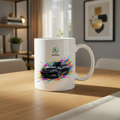 Cană din ceramică personalizată, Imprimeu Auto Skoda Splash Colors, Albă, 330 ml - Cadou ideal pentru pasionații auto