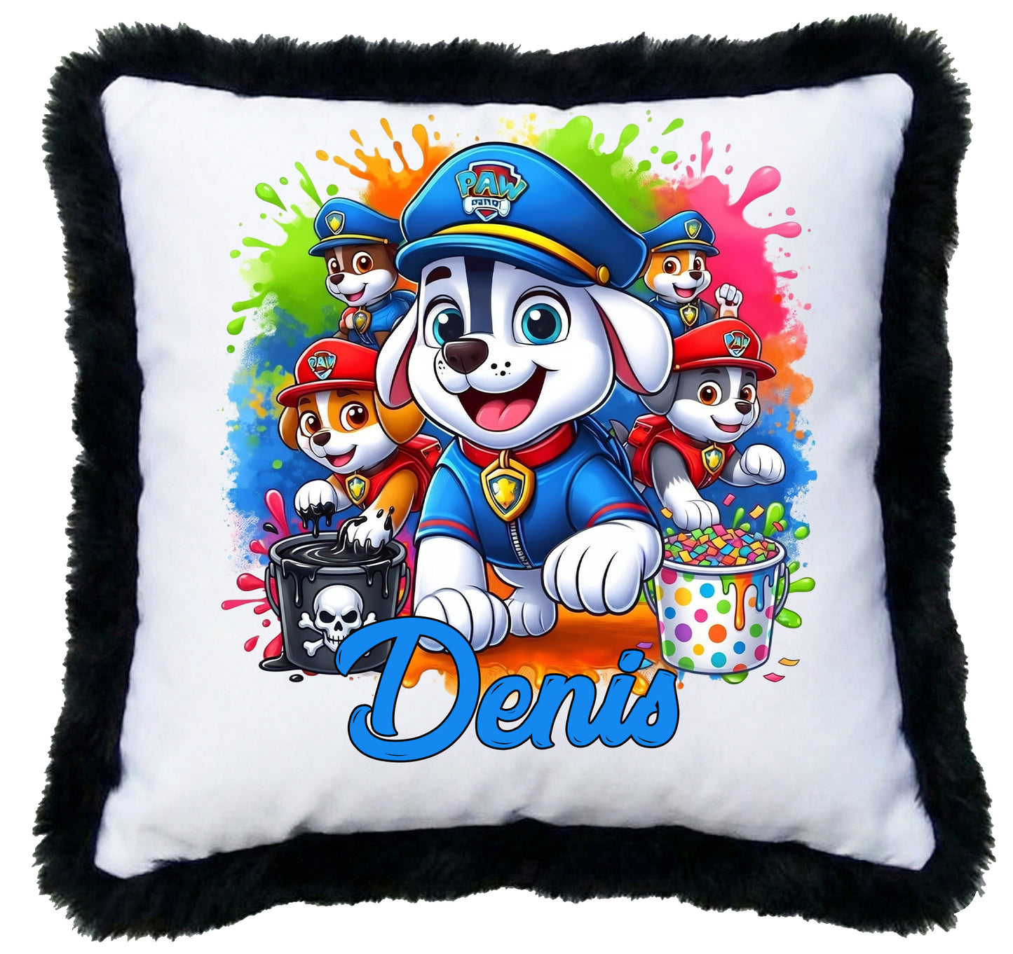 Pernă Decorativă Personalizată „Patrula Cățelușilor” cu Puf Negru – 40x40 cm