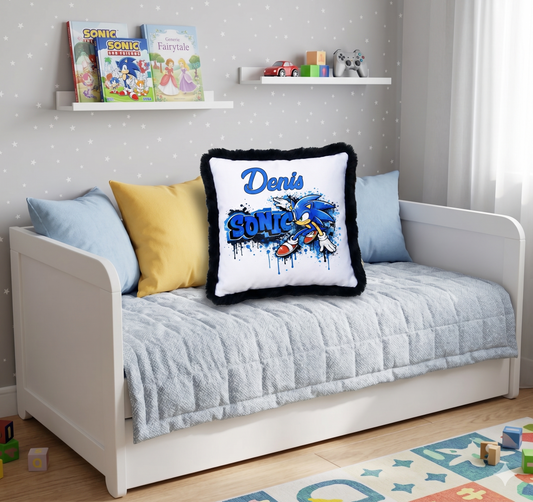 Pernă Decorativă Personalizabilă pentru Copii, Model Sonic The Hedgehog, Margini Pufoase, 40x40 cm
