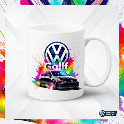 Cană din ceramică personalizată, Imprimeu Auto Volkswagen VW Golf Splash Colors, Albă, 330 ml - Cadou ideal pentru pasionații auto