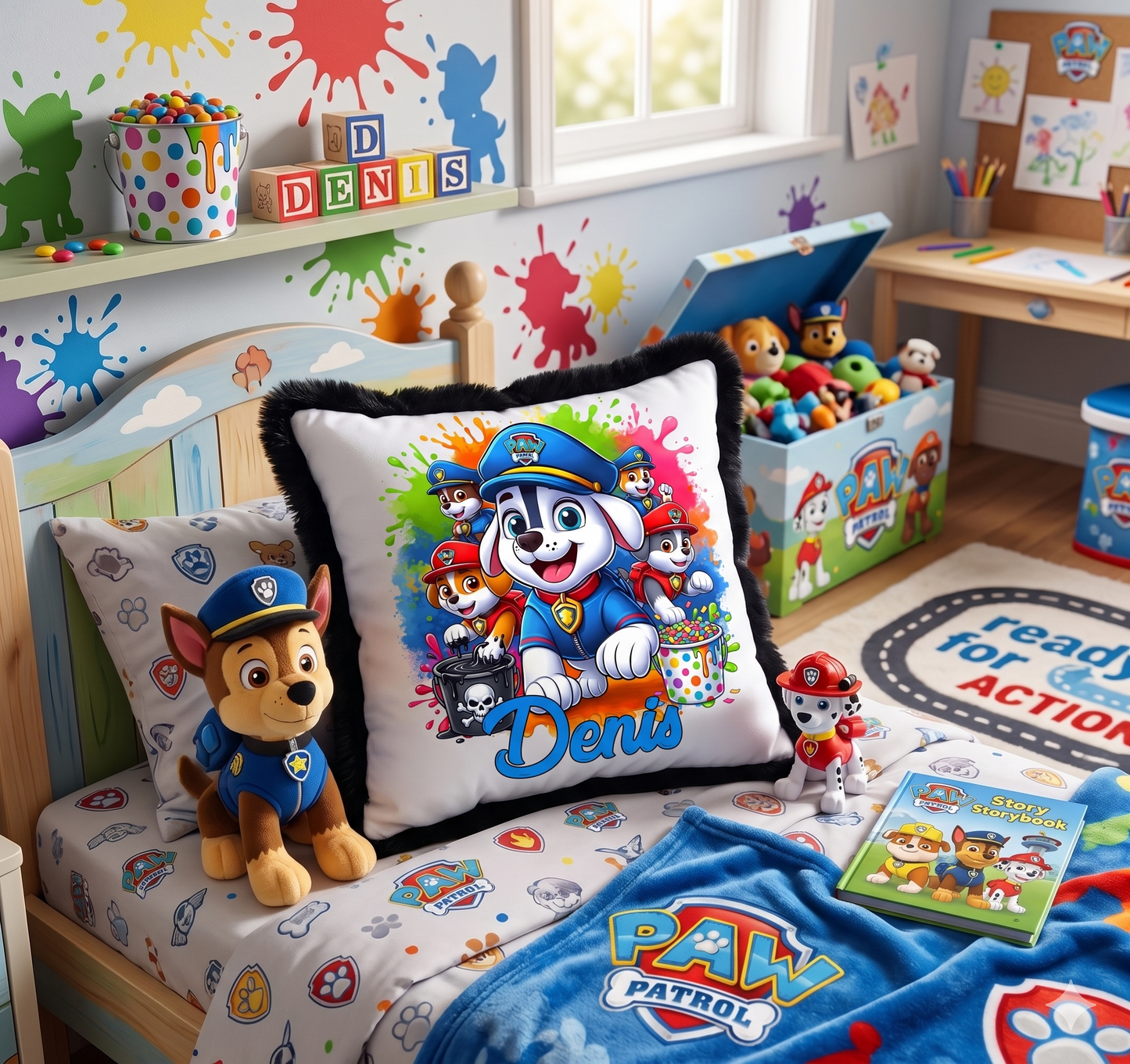 Pernă Decorativă Personalizată „Patrula Cățelușilor” cu Puf Negru – 40x40 cm