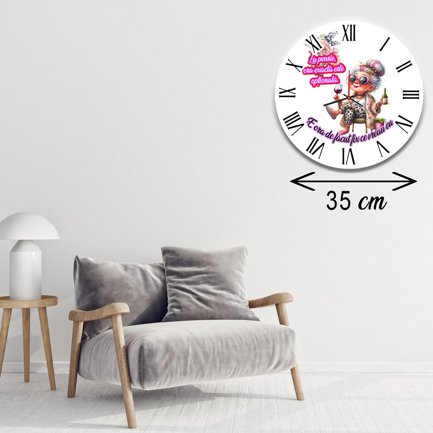 Ceas de Perete Personalizat "La Pensie" – Cadou Amuzant pentru Femei, MDF, 35 cm, Silențios