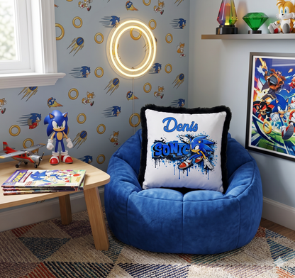 Pernă Decorativă Personalizabilă pentru Copii, Model Sonic The Hedgehog, Margini Pufoase, 40x40 cm