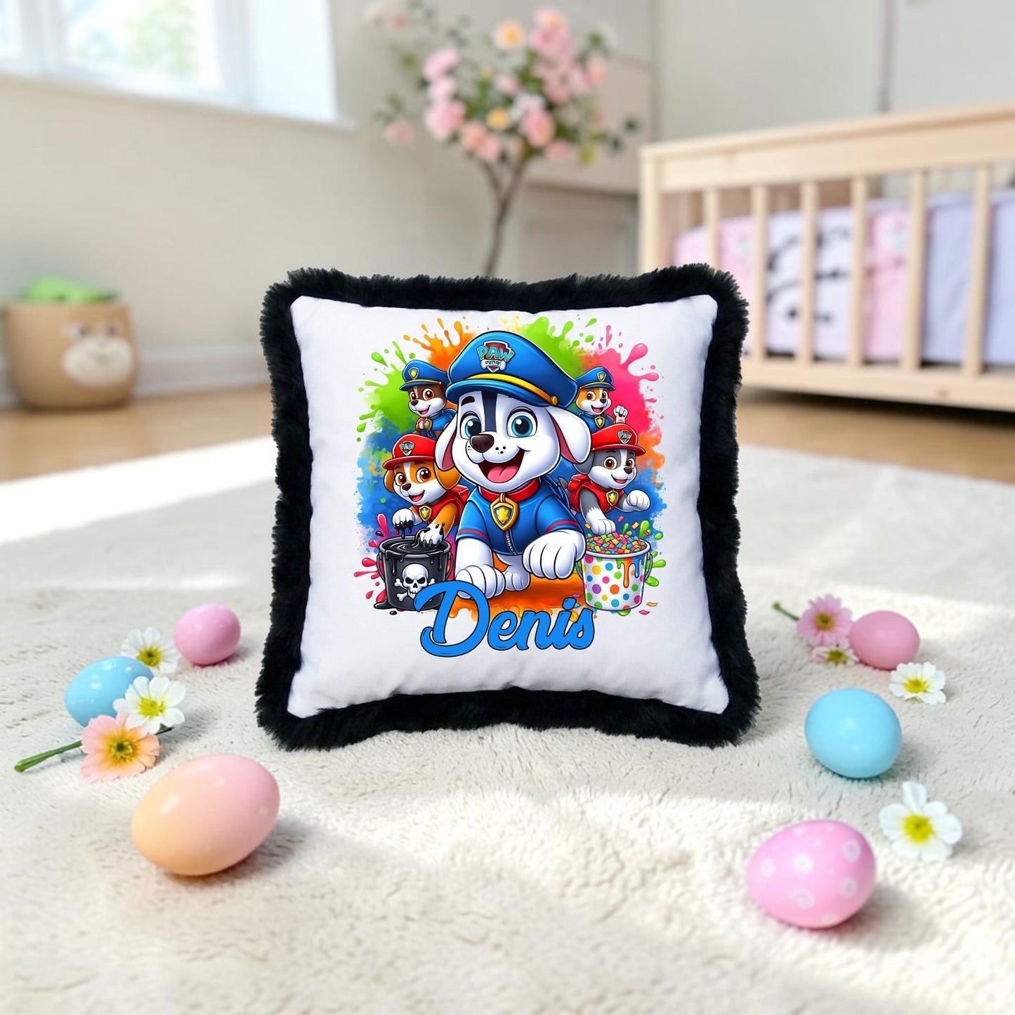 Pernă Decorativă Personalizată „Patrula Cățelușilor” cu Puf Negru – 40x40 cm