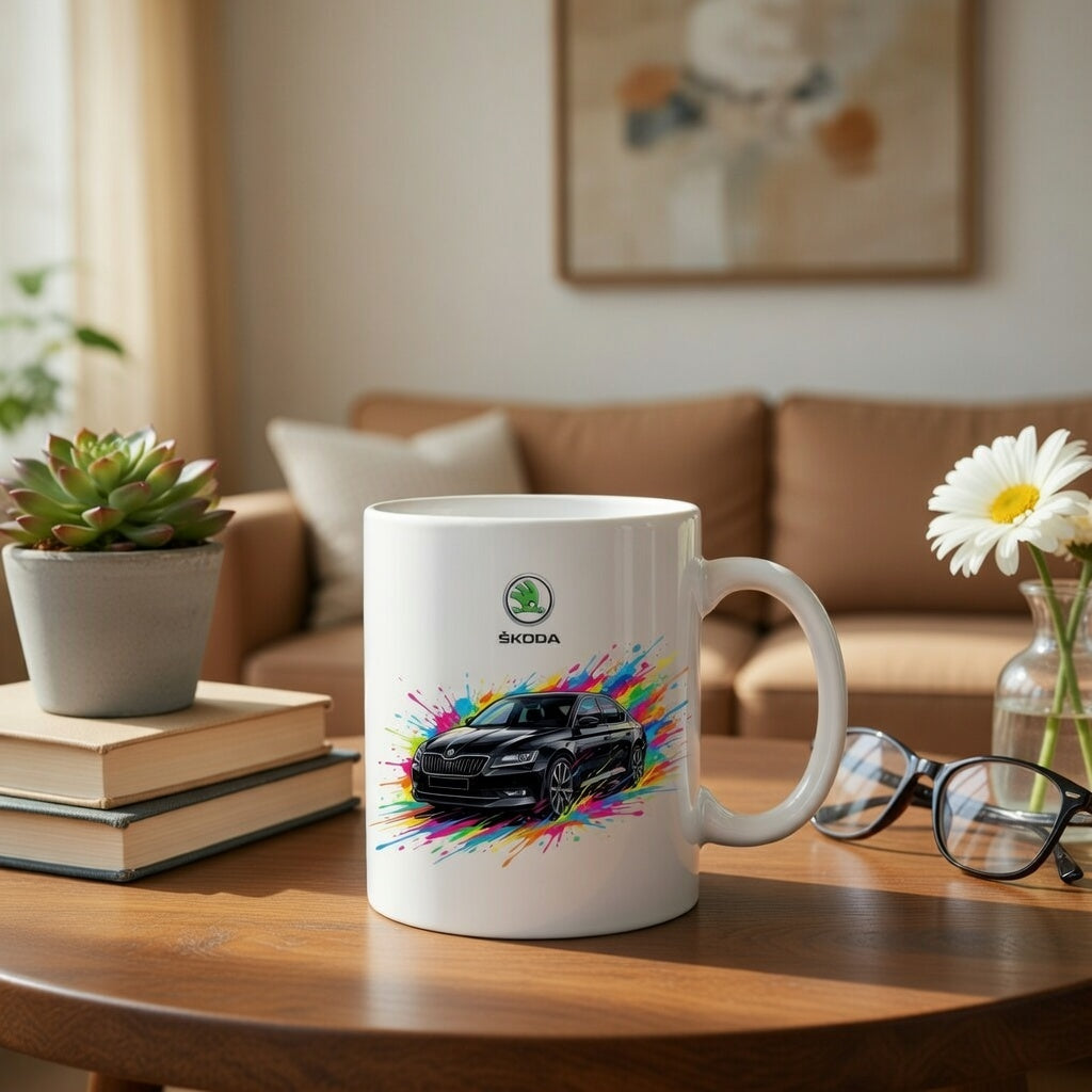 Cană din ceramică personalizată, Imprimeu Auto Skoda Splash Colors, Albă, 330 ml - Cadou ideal pentru pasionații auto