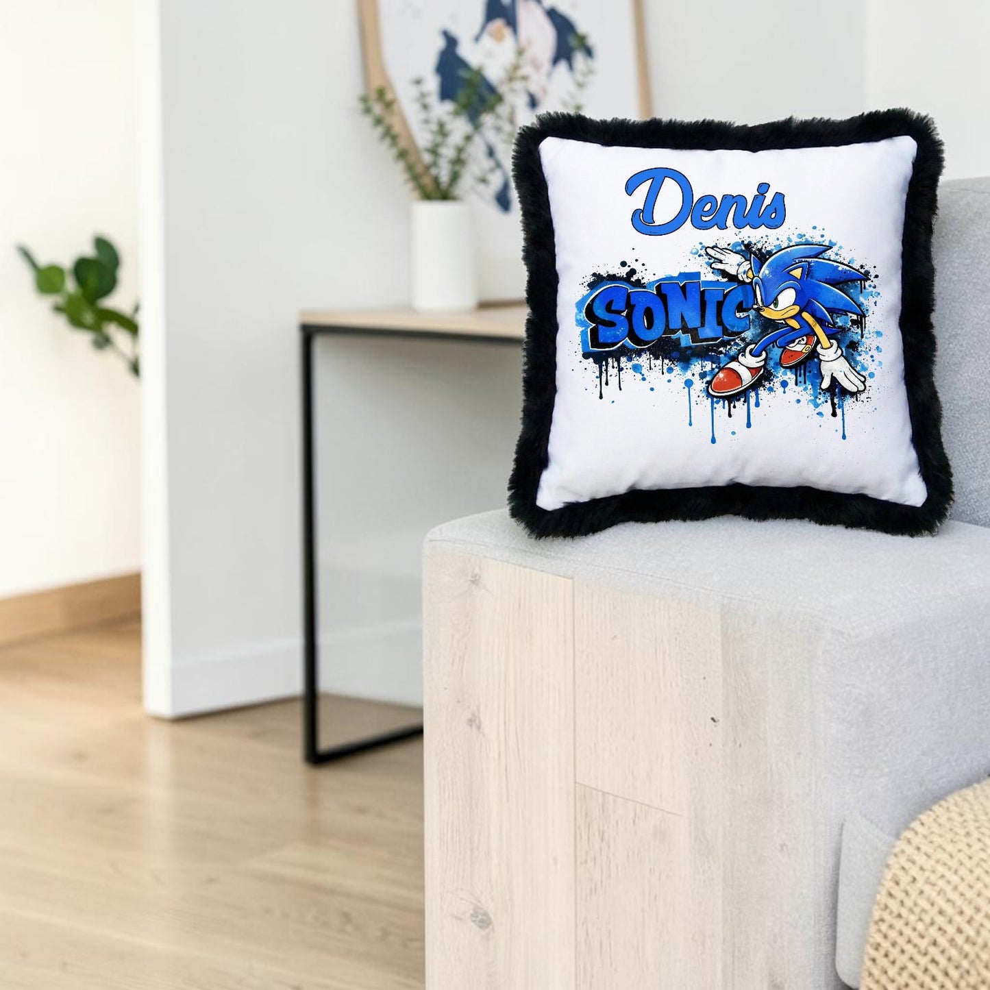 Pernă Decorativă Personalizabilă pentru Copii, Model Sonic The Hedgehog, Margini Pufoase, 40x40 cm