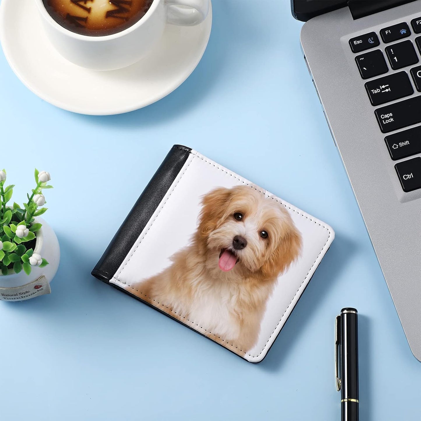 Portofel Bărbați Personalizat cu Fotografie sau Text, Model Bifold, Negru/Alb, 10 x 9.5 cm