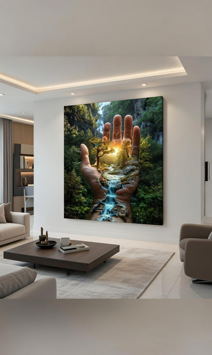 Tablou Canvas Suprarealist "Mâna Naturii" – Peisaj Magic cu Pădure și Cascadă în Palmă