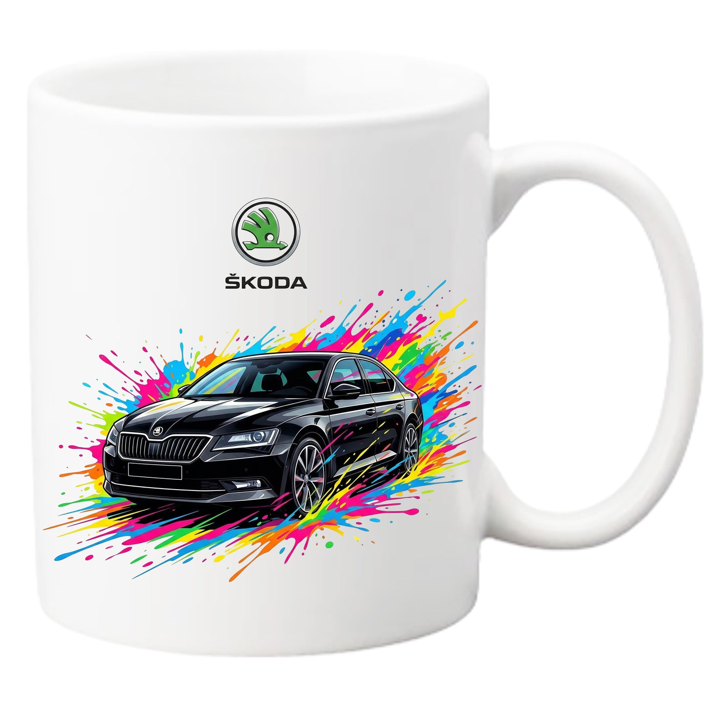 Cană din ceramică personalizată, Imprimeu Auto Skoda Splash Colors, Albă, 330 ml - Cadou ideal pentru pasionații auto