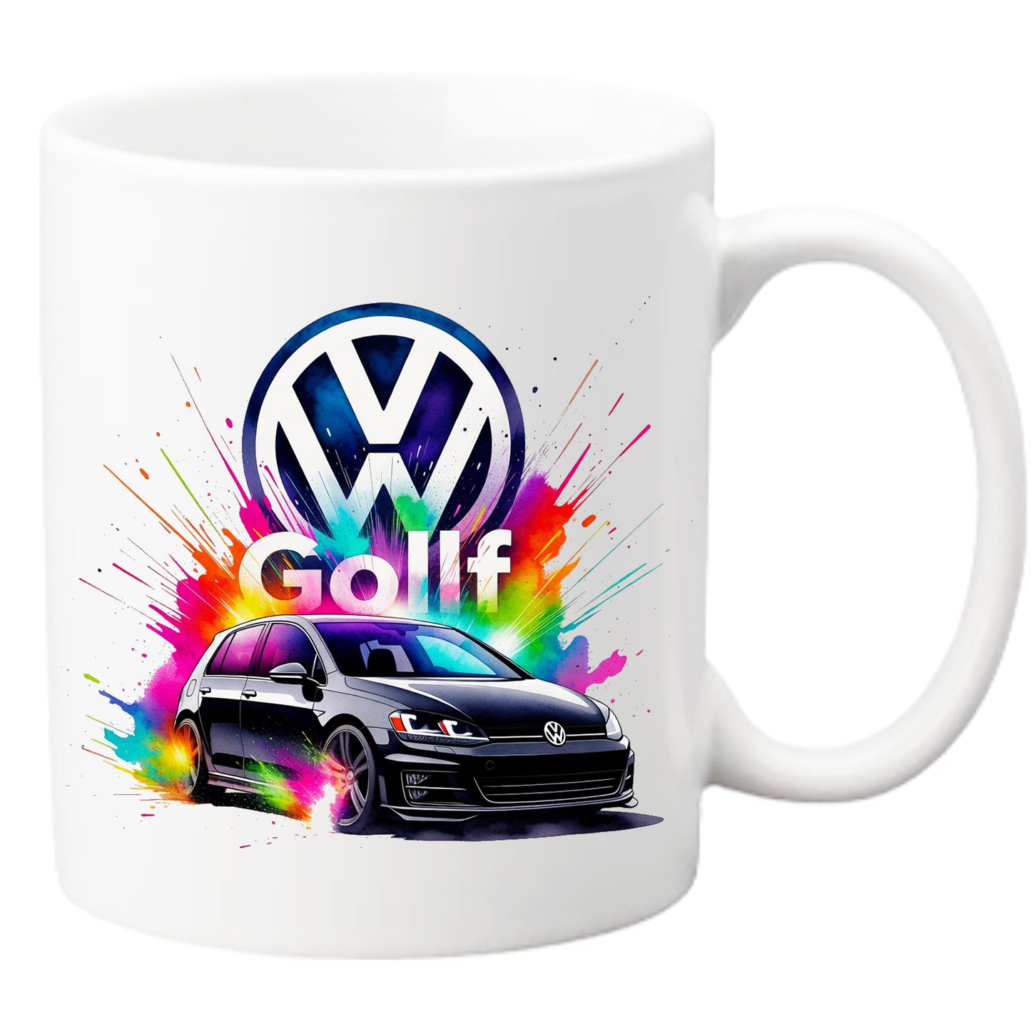 Cană din ceramică personalizată, Imprimeu Auto Volkswagen VW Golf Splash Colors, Albă, 330 ml - Cadou ideal pentru pasionații auto