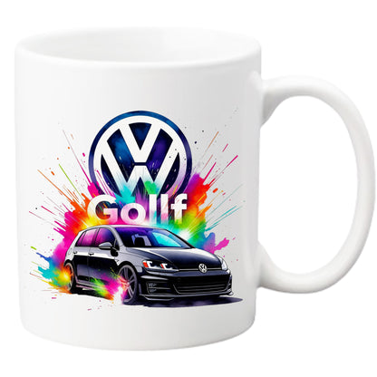 Cană din ceramică personalizată, Imprimeu Auto Volkswagen VW Golf Splash Colors, Albă, 330 ml - Cadou ideal pentru pasionații auto