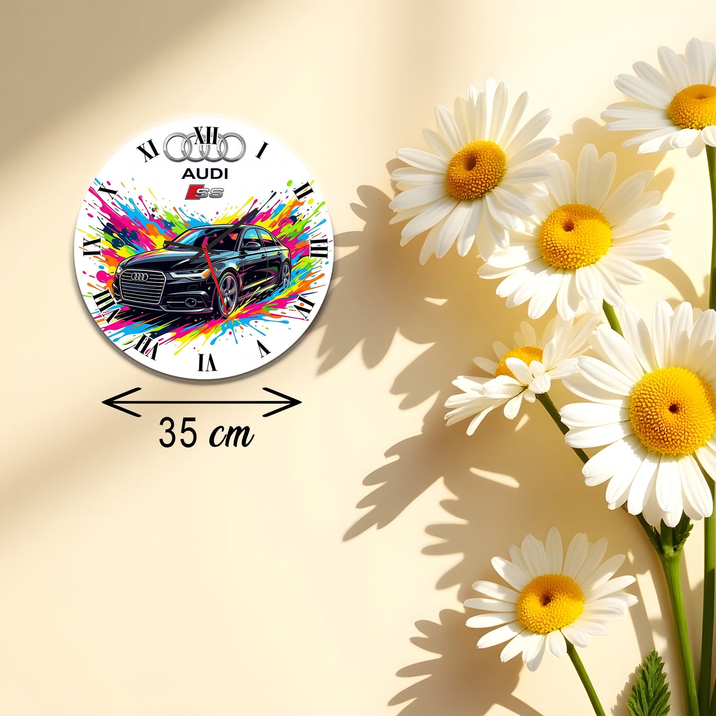 Ceas de perete decorativ Audi S5, grafica abstracta Splash Color, MDF 35 cm