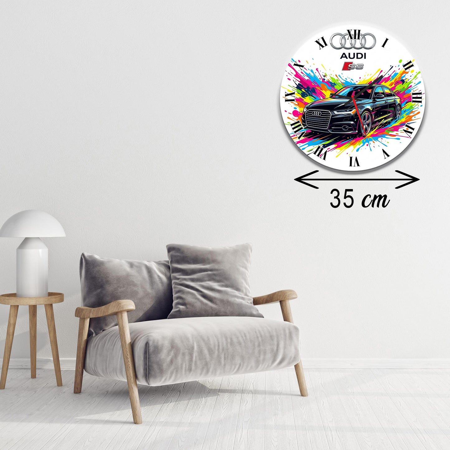 Ceas de perete decorativ Audi S5, grafica abstracta Splash Color, MDF 35 cm