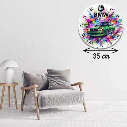 Ceas de perete decorativ BMW E30 M3, grafica abstracta Splash Color, Cifre Romane, cadou ideal pentru pasionati auto