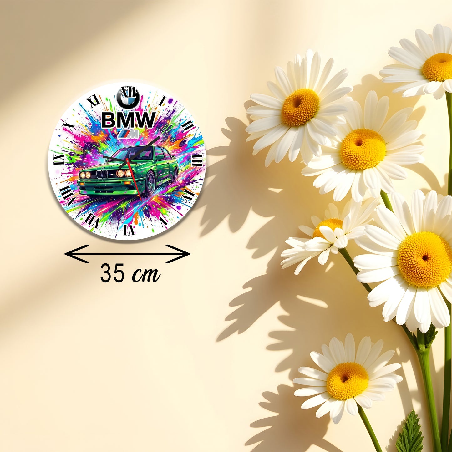 Ceas de perete decorativ BMW E30 M3, grafica abstracta Splash Color, Cifre Romane, cadou ideal pentru pasionati auto