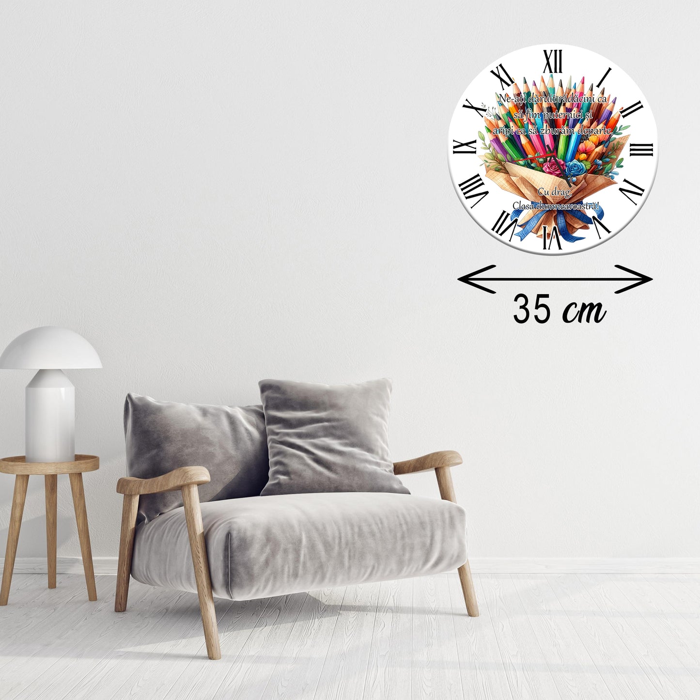 Ceas de Perete Personalizat pentru Învățătoare - "Rădăcini și Aripi" - MDF, 35 cm
