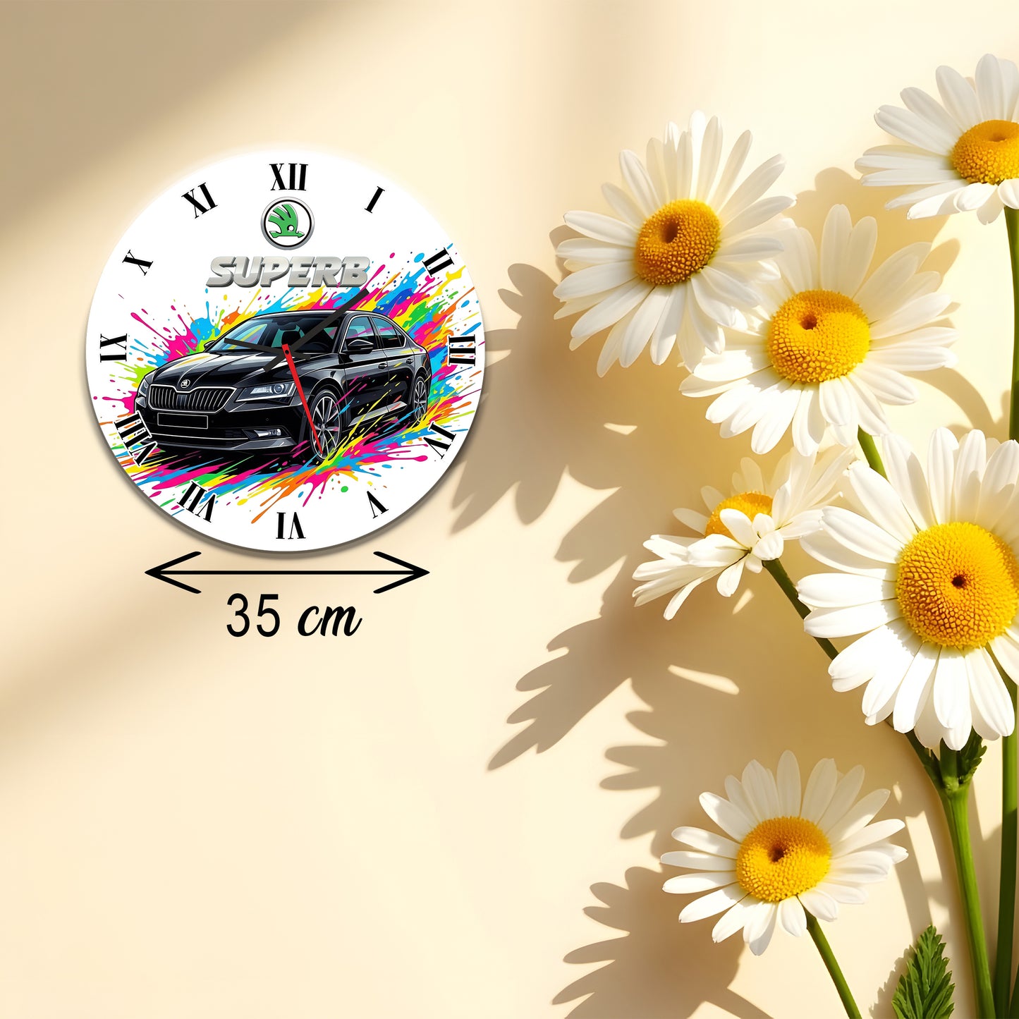 Ceas de Perete Premium Skoda Superb, Design Modern Splash Art, Diametru 35 cm, Material MDF