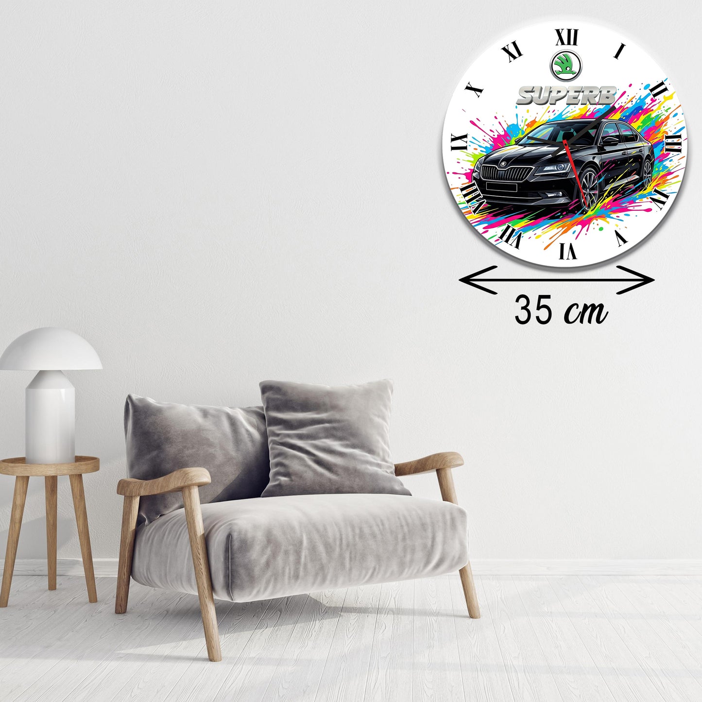 Ceas de Perete Premium Skoda Superb, Design Modern Splash Art, Diametru 35 cm, Material MDF