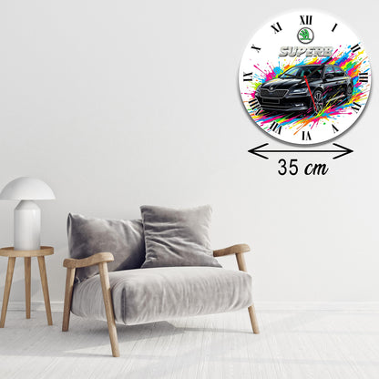 Ceas de Perete Premium Skoda Superb, Design Modern Splash Art, Diametru 35 cm, Material MDF