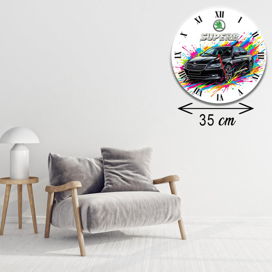 Ceas de Perete Premium Skoda Superb, Design Modern Splash Art, Diametru 35 cm, Material MDF