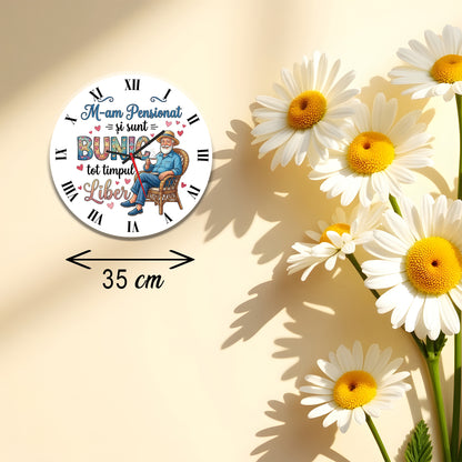 Ceas de Perete Decorativ, Cadou Personalizat Pensionare Bunic, Model "M-am Pensionat și sunt Bunic tot timpul Liber"