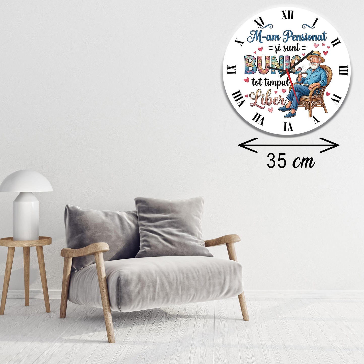 Ceas de Perete Decorativ, Cadou Personalizat Pensionare Bunic, Model "M-am Pensionat și sunt Bunic tot timpul Liber"