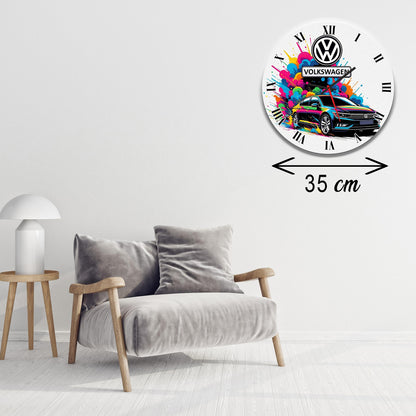 Ceas de Perete Decorativ Volkswagen, Design Modern Pop Art Multicolor, Cifre Romane, Diametru 35 cm, Ideal pentru Pasionați Auto și Garaj