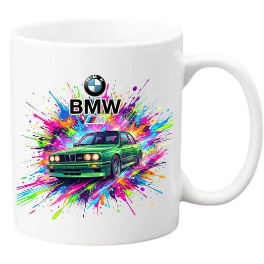 Cana Ceramica Personalizata BMW E30 M3 Green Edition, Design Artistic Paint Splatter, Cadou Pasionati Auto, 330 ml, Alba