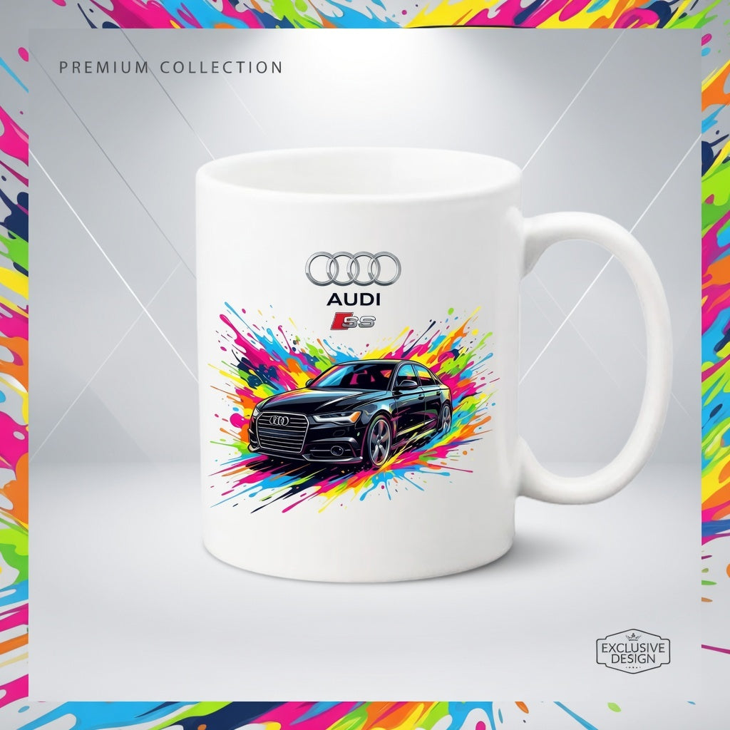 Cană din ceramică personalizată, Imprimeu Auto Audi S-Line Splash Colors, Albă, 330 ml - Cadou ideal pentru pasionații auto
