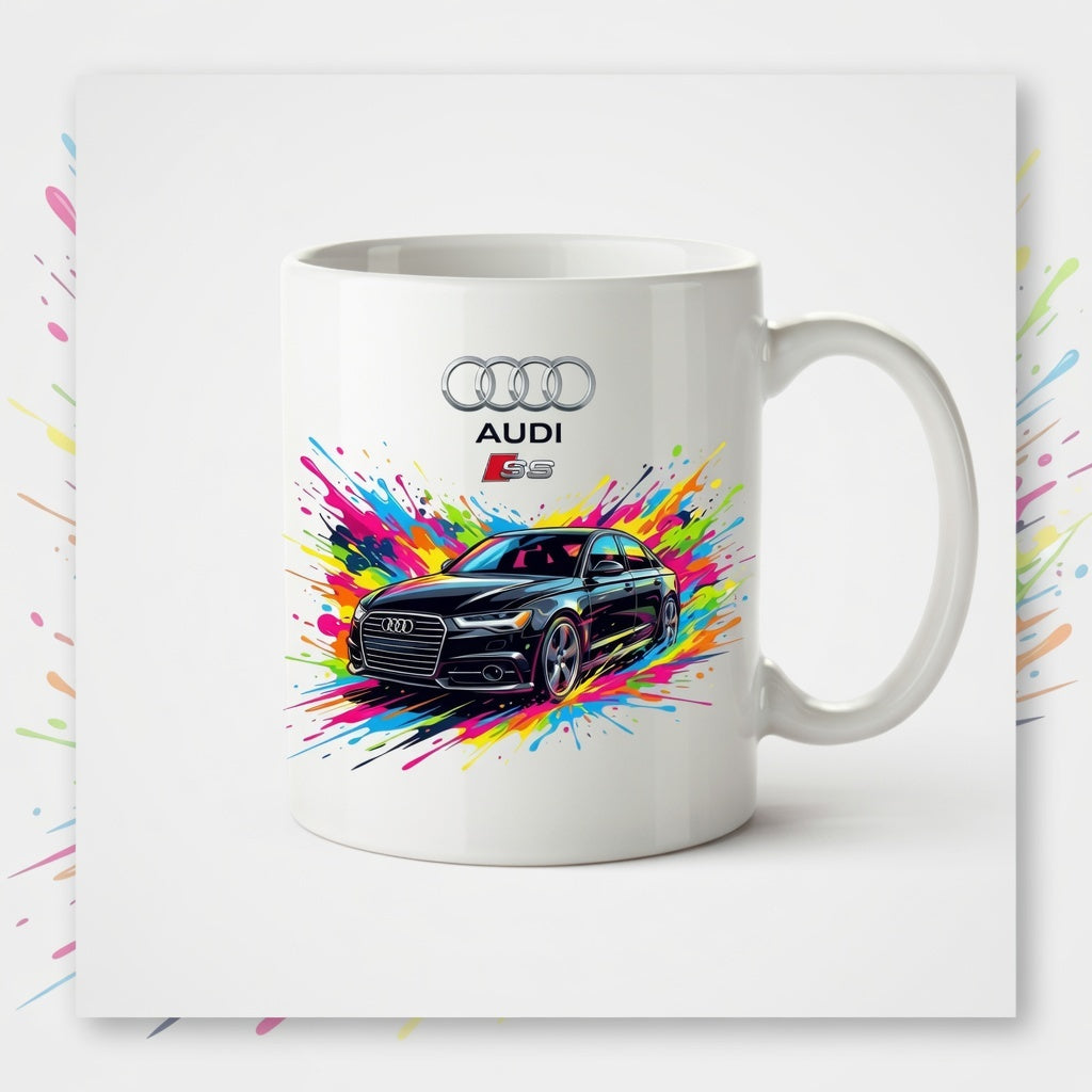 Cană din ceramică personalizată, Imprimeu Auto Audi S-Line Splash Colors, Albă, 330 ml - Cadou ideal pentru pasionații auto