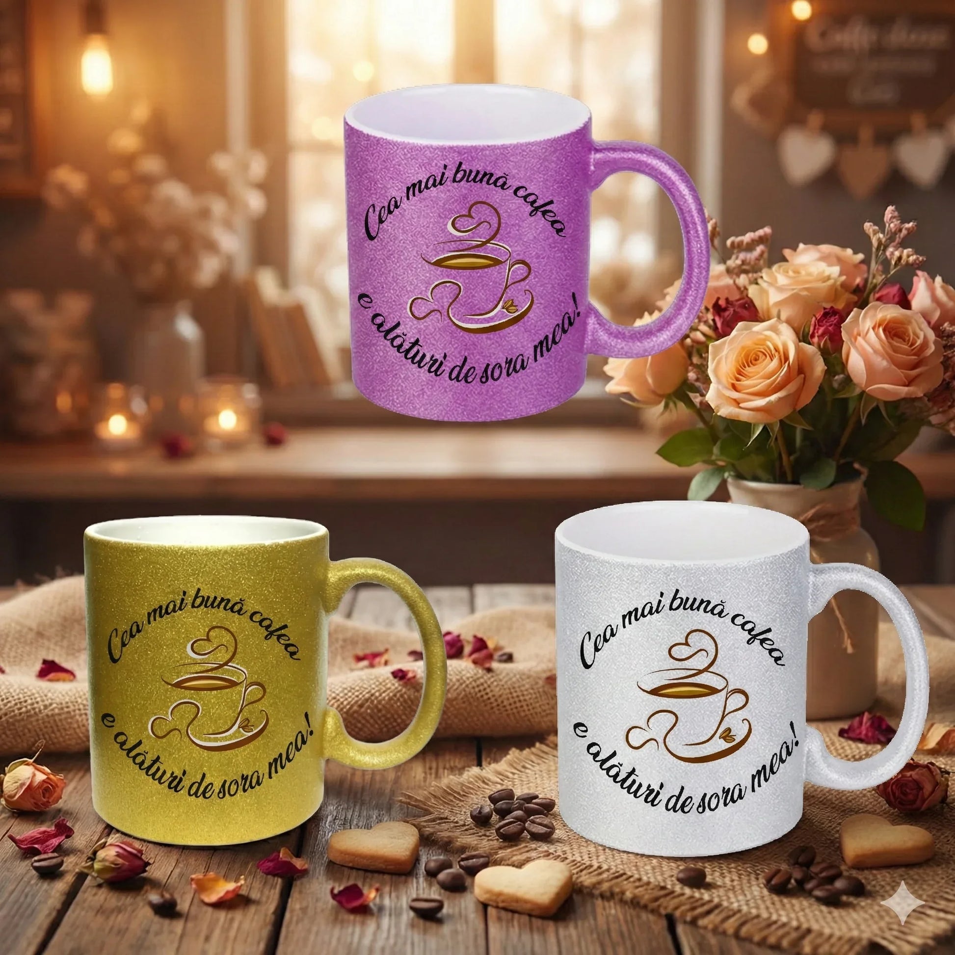 Cană cu Argintie Sclipici Personalizată - Cadou "Cea Mai Bună Cafea e Alături de Sora Mea" - Mov, Auriu, Argintiu - Tete Print